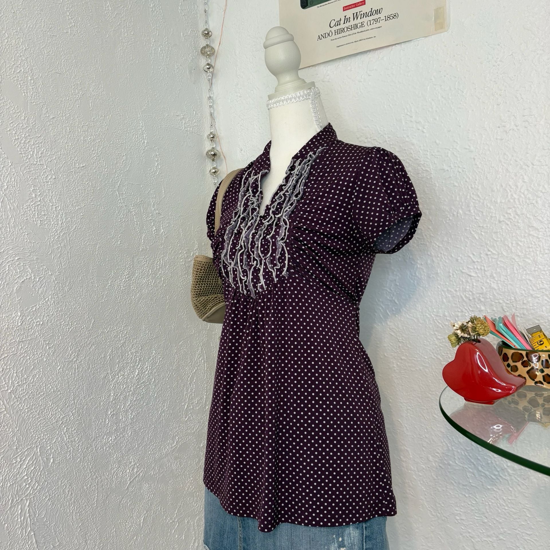 Heart Soul Women's Purple Polka Dot Ruffled V-Neck Tie-Back Blouse 3