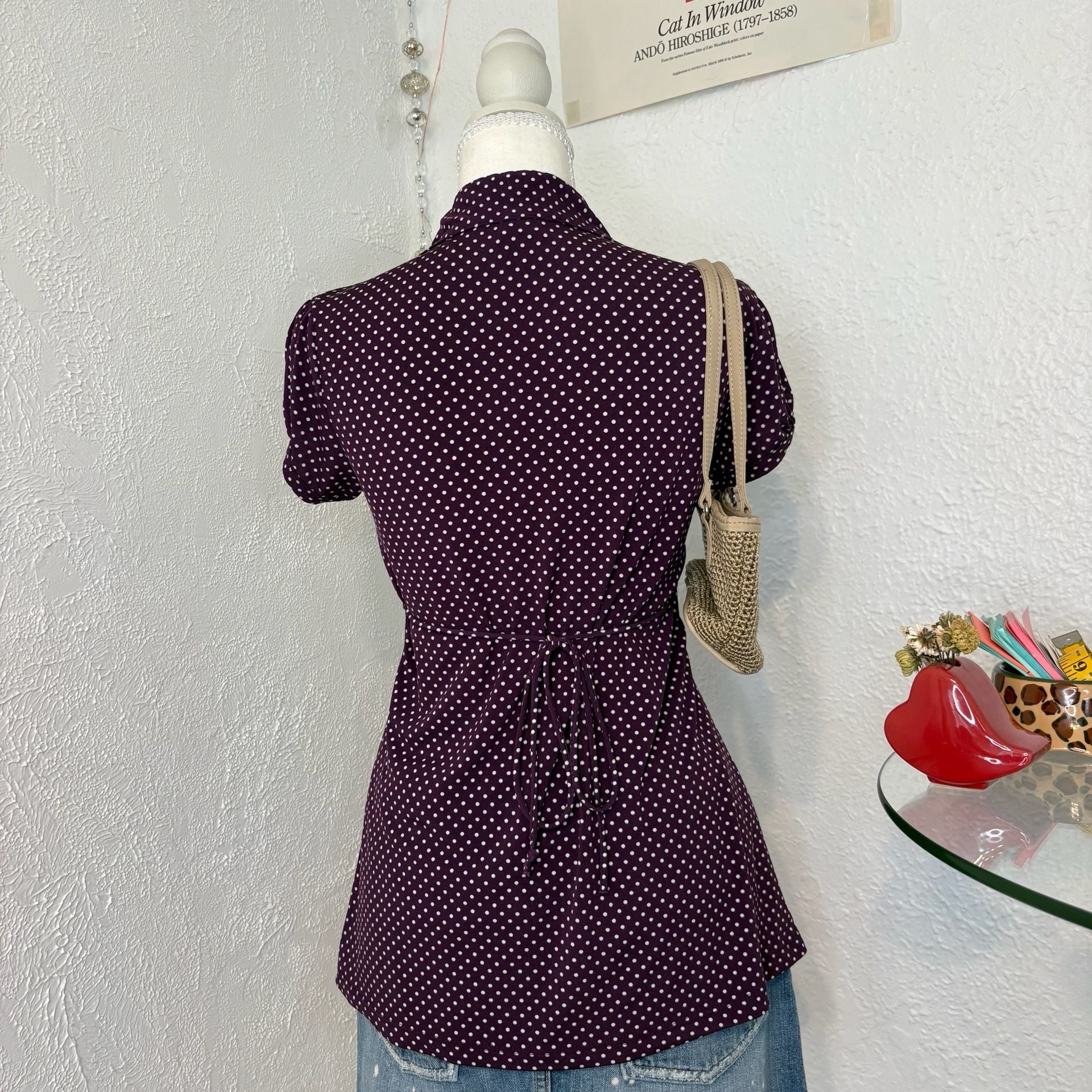 Heart Soul Women's Purple Polka Dot Ruffled V-Neck Tie-Back Blouse 4