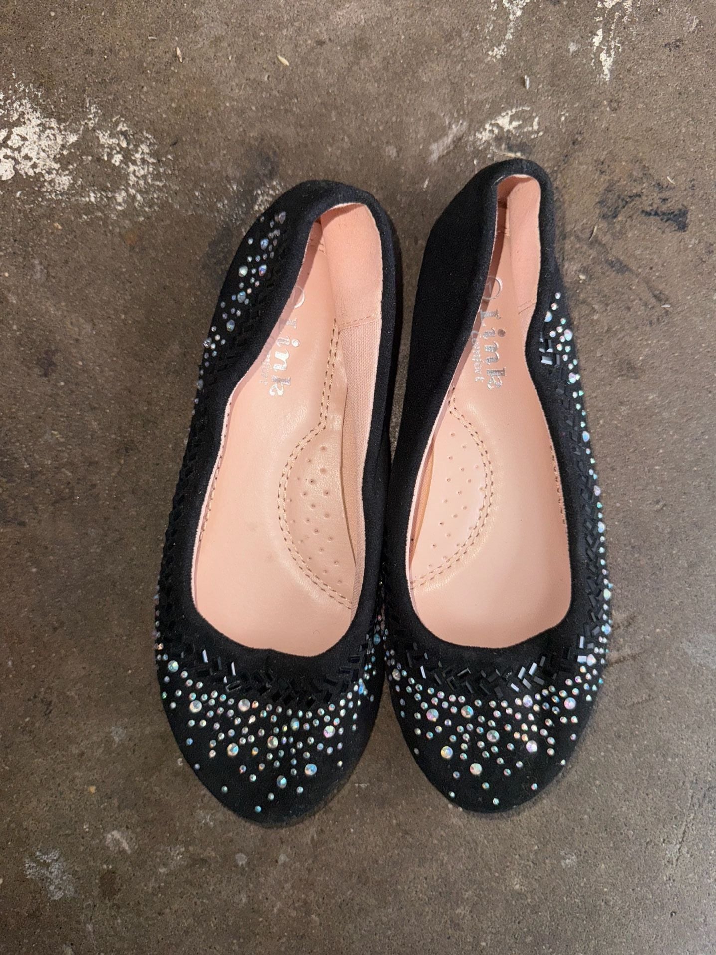 Link Comfort Black Suede Embellished Rhinestone Girls Ballet Flats size 1 2