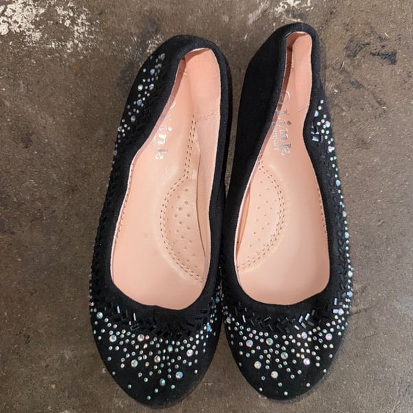 Link Comfort Black Suede Embellished Rhinestone Girls Ballet Flats size 1