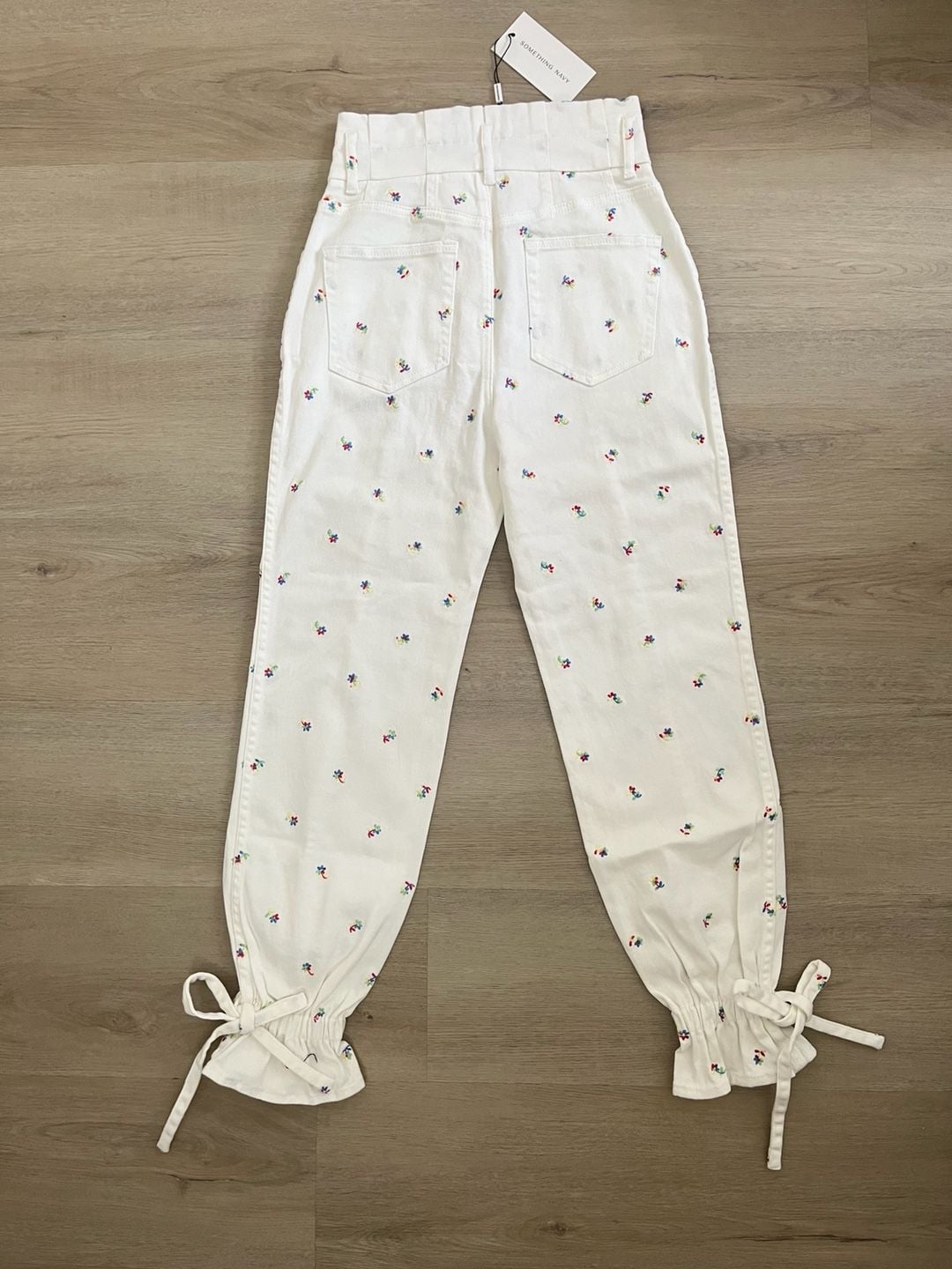 Something Navy Sylvia White Floral Embroidered Denim Pants with Tie Cuffs 4
