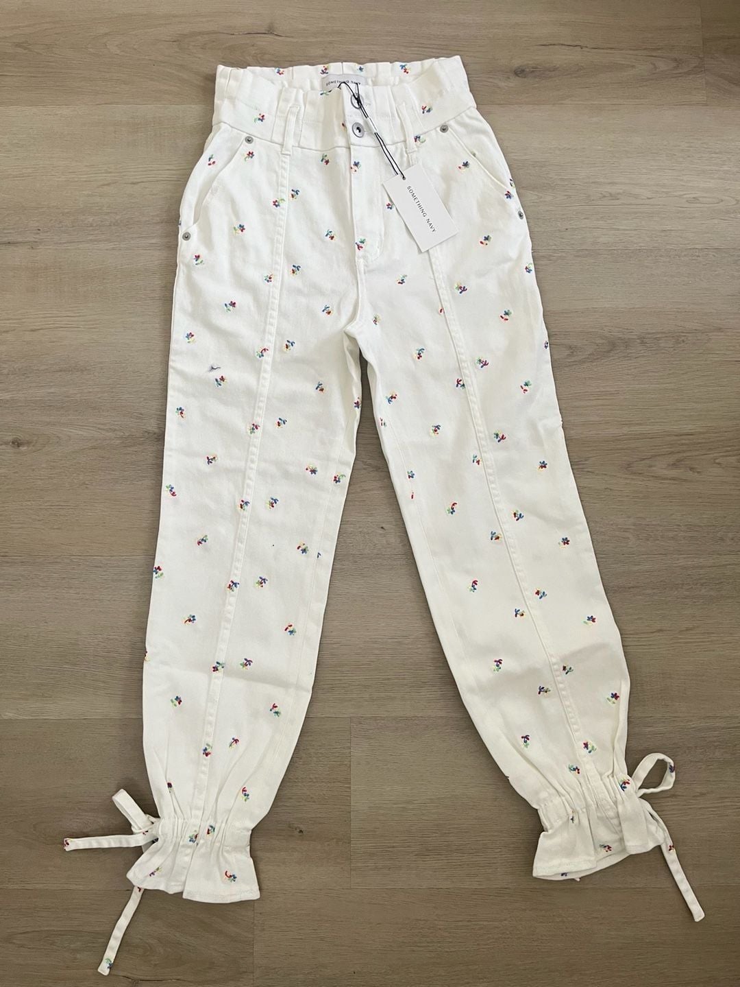 Something Navy Sylvia White Floral Embroidered Denim Pants with Tie Cuffs 3