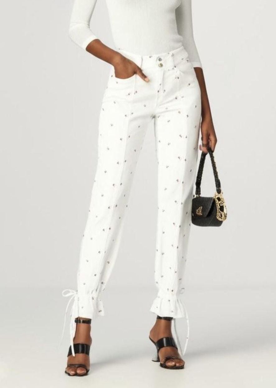 Something Navy Sylvia White Floral Embroidered Denim Pants with Tie Cuffs 2