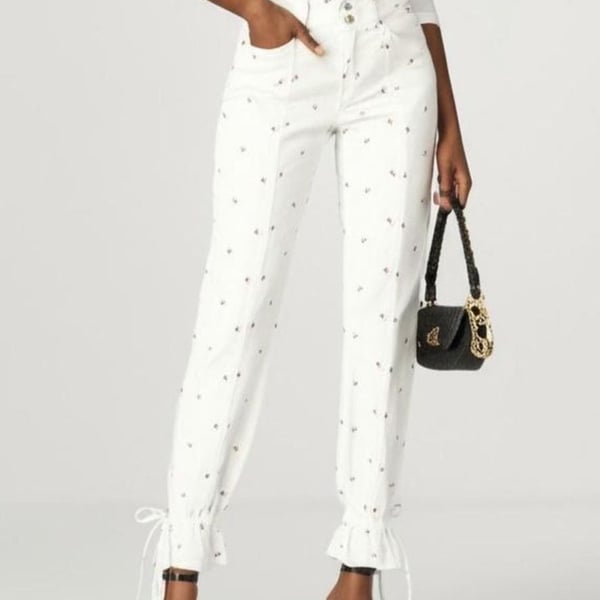 Something Navy Sylvia White Floral Embroidered Denim Pants with Tie Cuffs