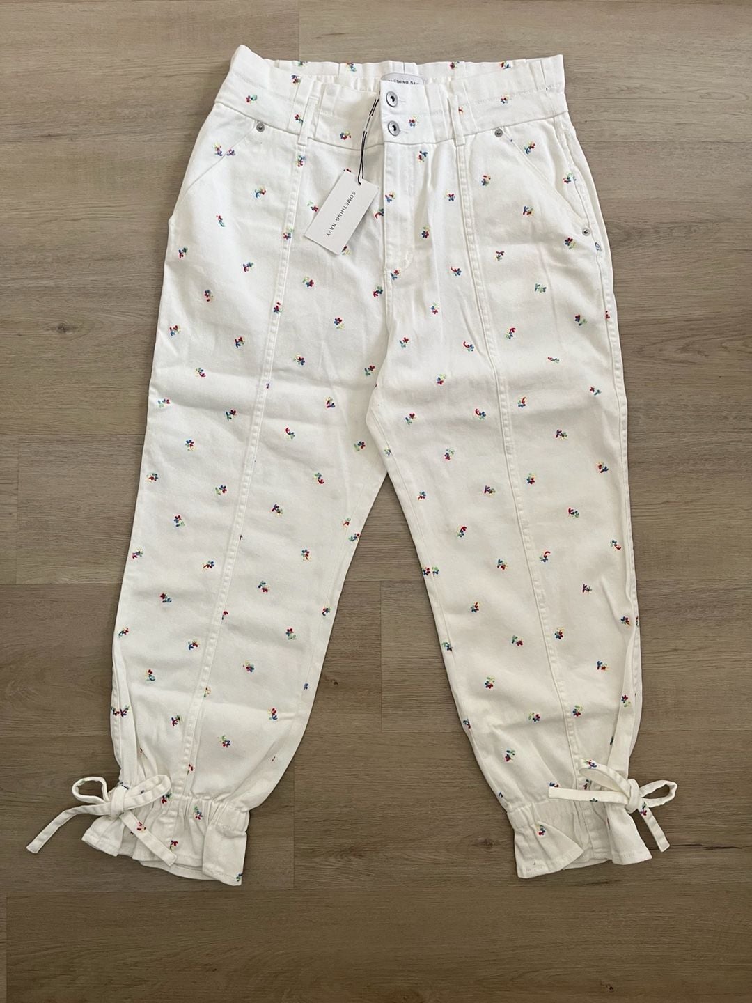 Something Navy Sylvia Denim Pants with Floral Embroidery and Tie Cuffs 3