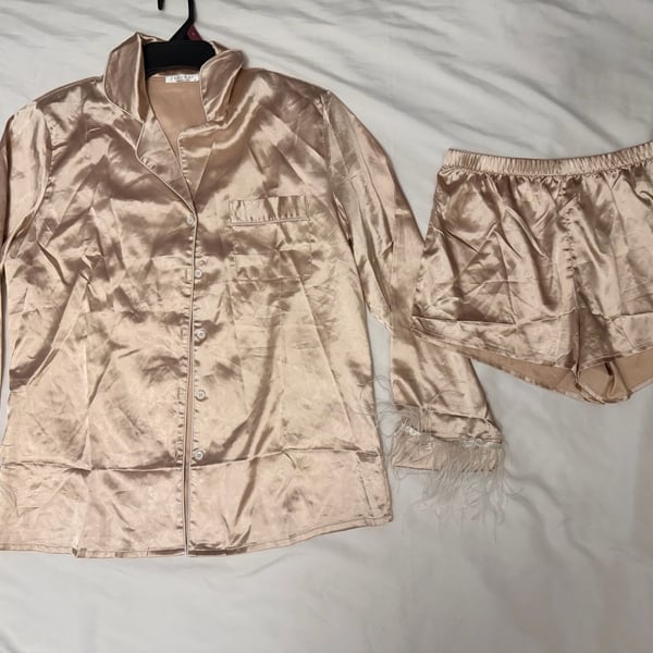 Ekouaer Women's Satin Long Sleeve Pajama Set with Feather Trim Cuffs and Shorts