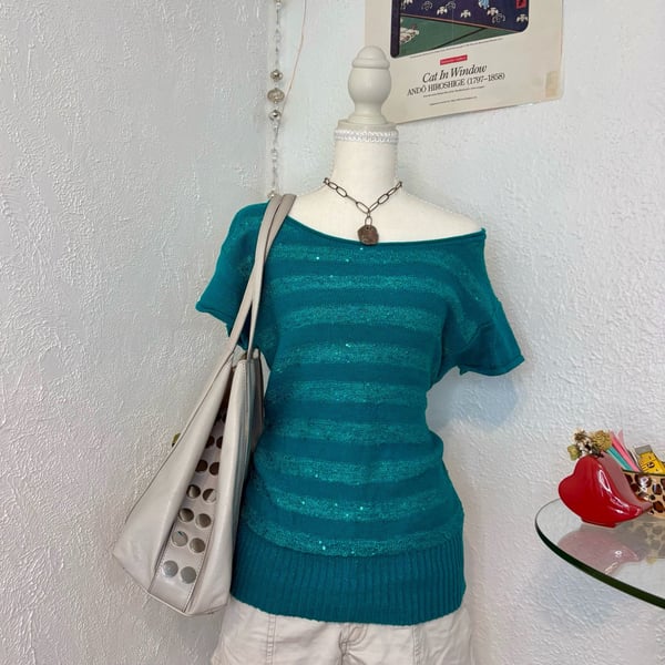 Guess Teal Shimmer Sequin Striped Off-the-Shoulder Knit Top