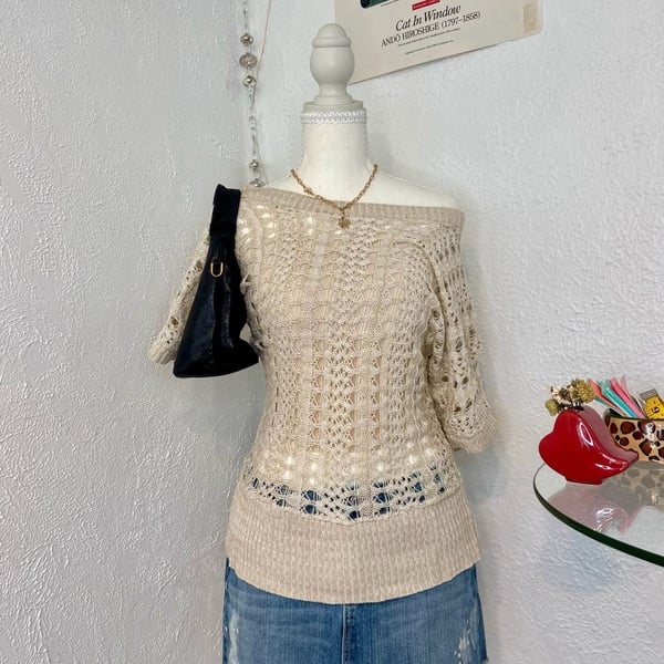 Maurices Women's Cream Openwork Crochet Off-The-Shoulder Knit Top