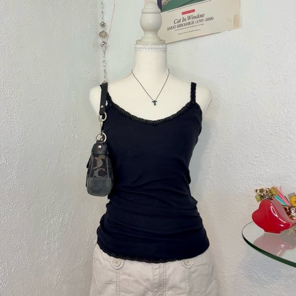 Aeropostale Black Ribbed Cami Tank Top with Lace Trim