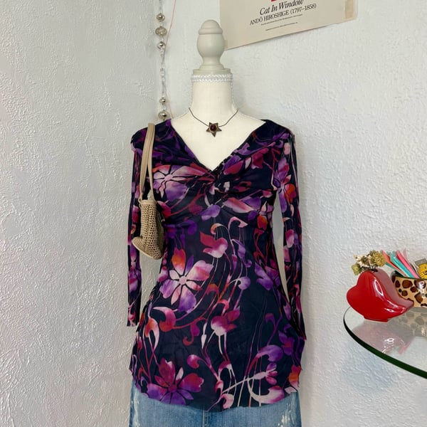 Sweet Pea by Stacy Frati Women's Long Sleeve Mesh Floral Twist Front Top