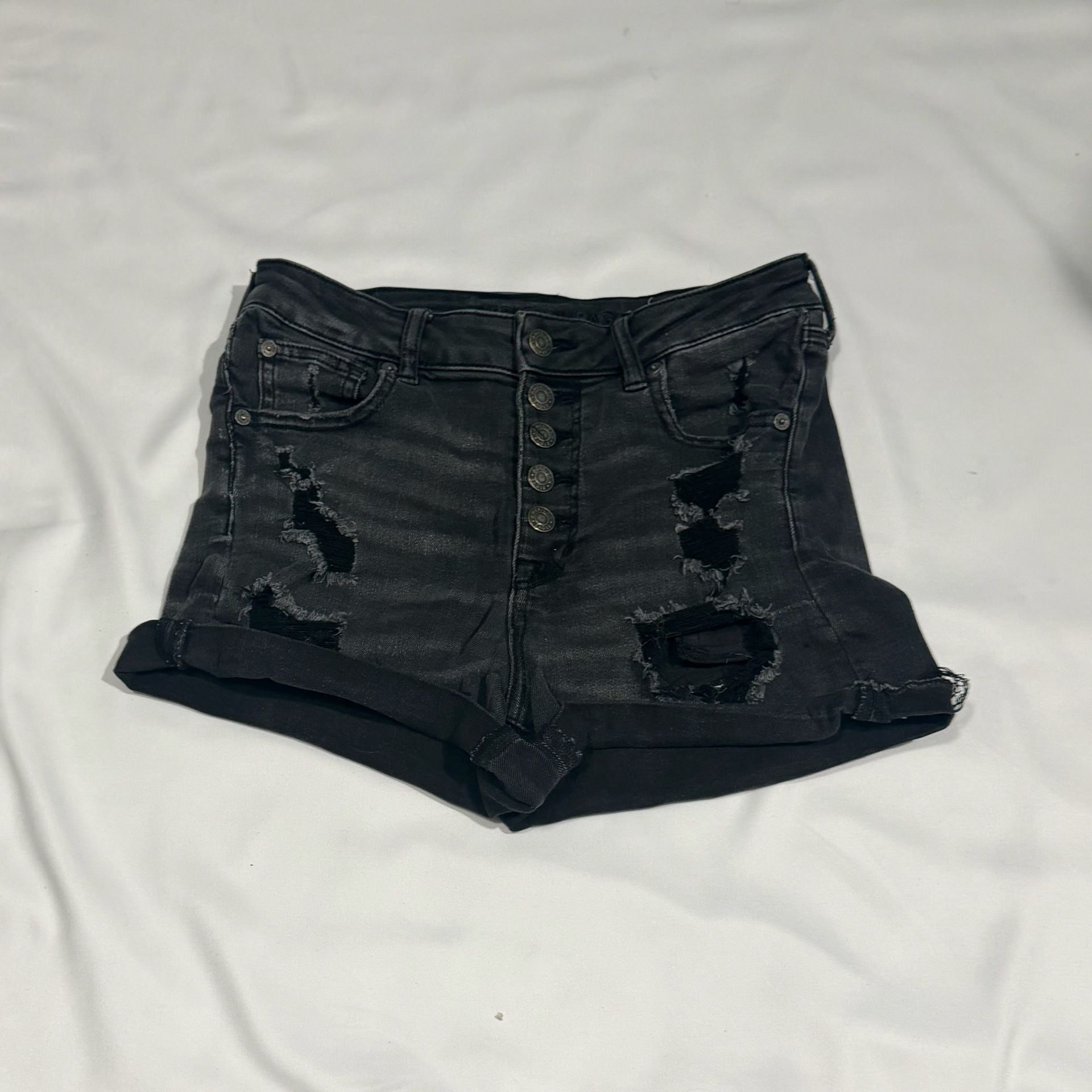 American Eagle Super Hi-Rise Next Level Stretch Black Distressed Button-Fly Shorties 2