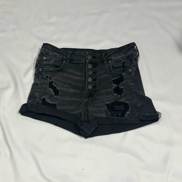 American Eagle Super Hi-Rise Next Level Stretch Black Distressed Button-Fly Shorties