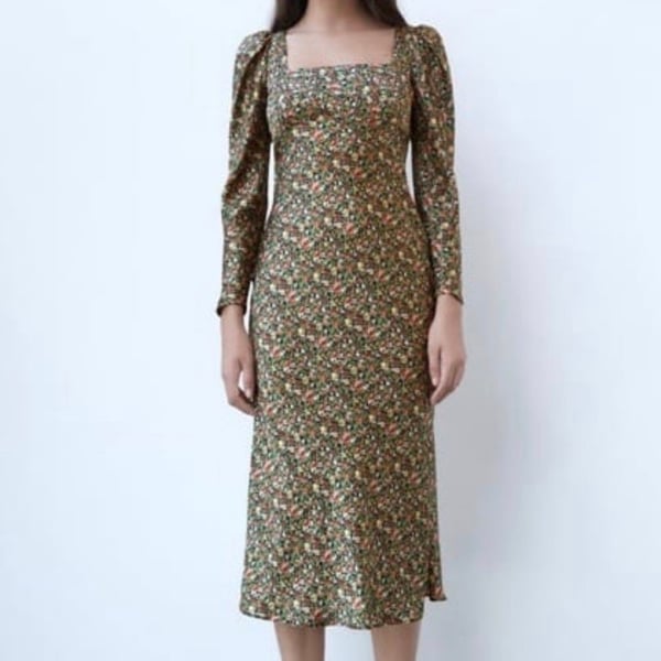 Zara Floral Print Long Sleeve Midi Dress