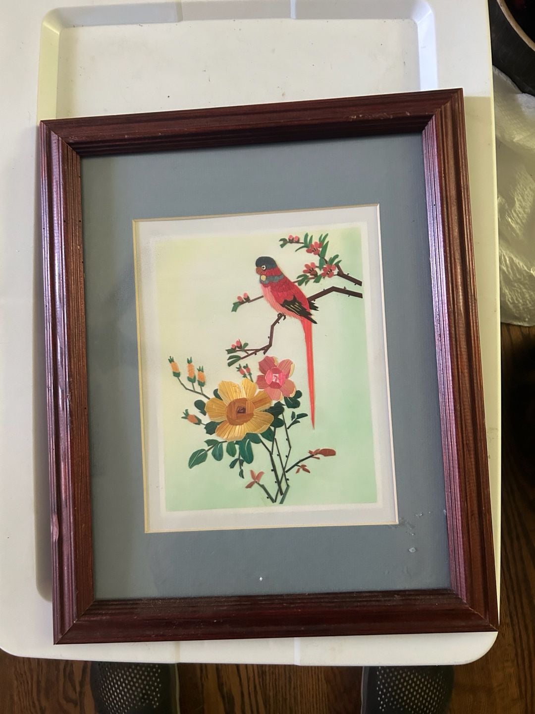 Vintage Asian Straw Mosaic Wall Art - Parrot on Floral Branch in Wood Frame 1