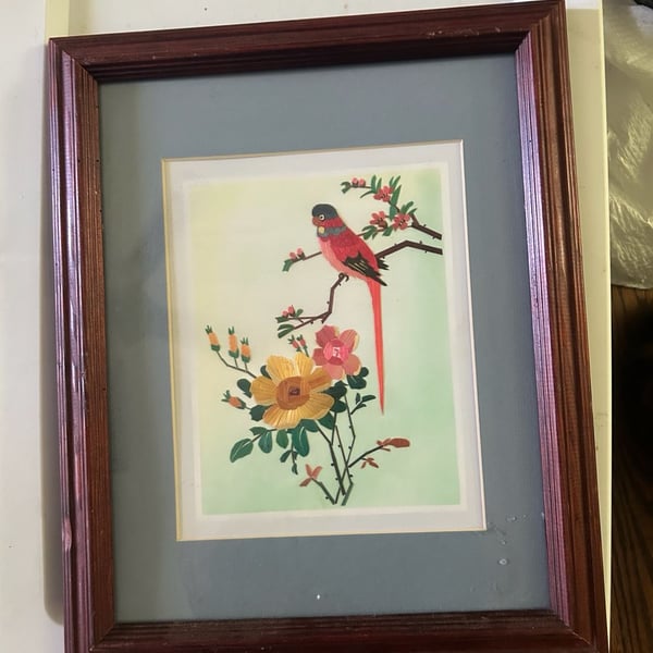 Vintage Asian Straw Mosaic Wall Art - Parrot on Floral Branch in Wood Frame