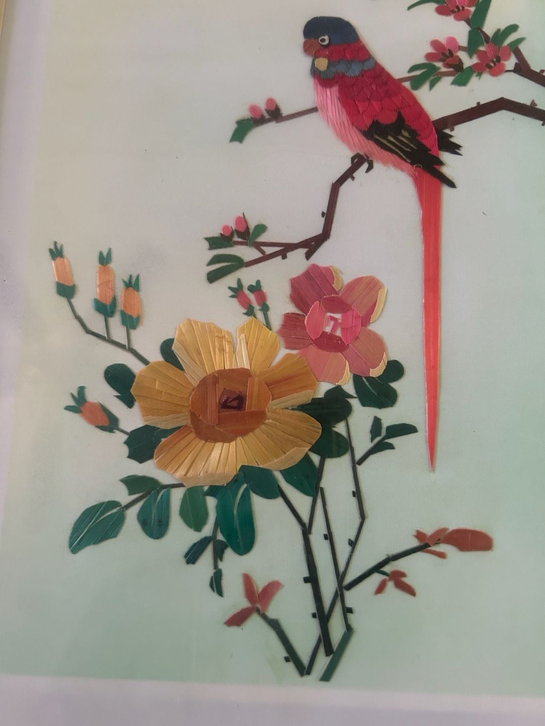 Vintage Asian Straw Mosaic Wall Art - Parrot on Floral Branch in Wood Frame 2
