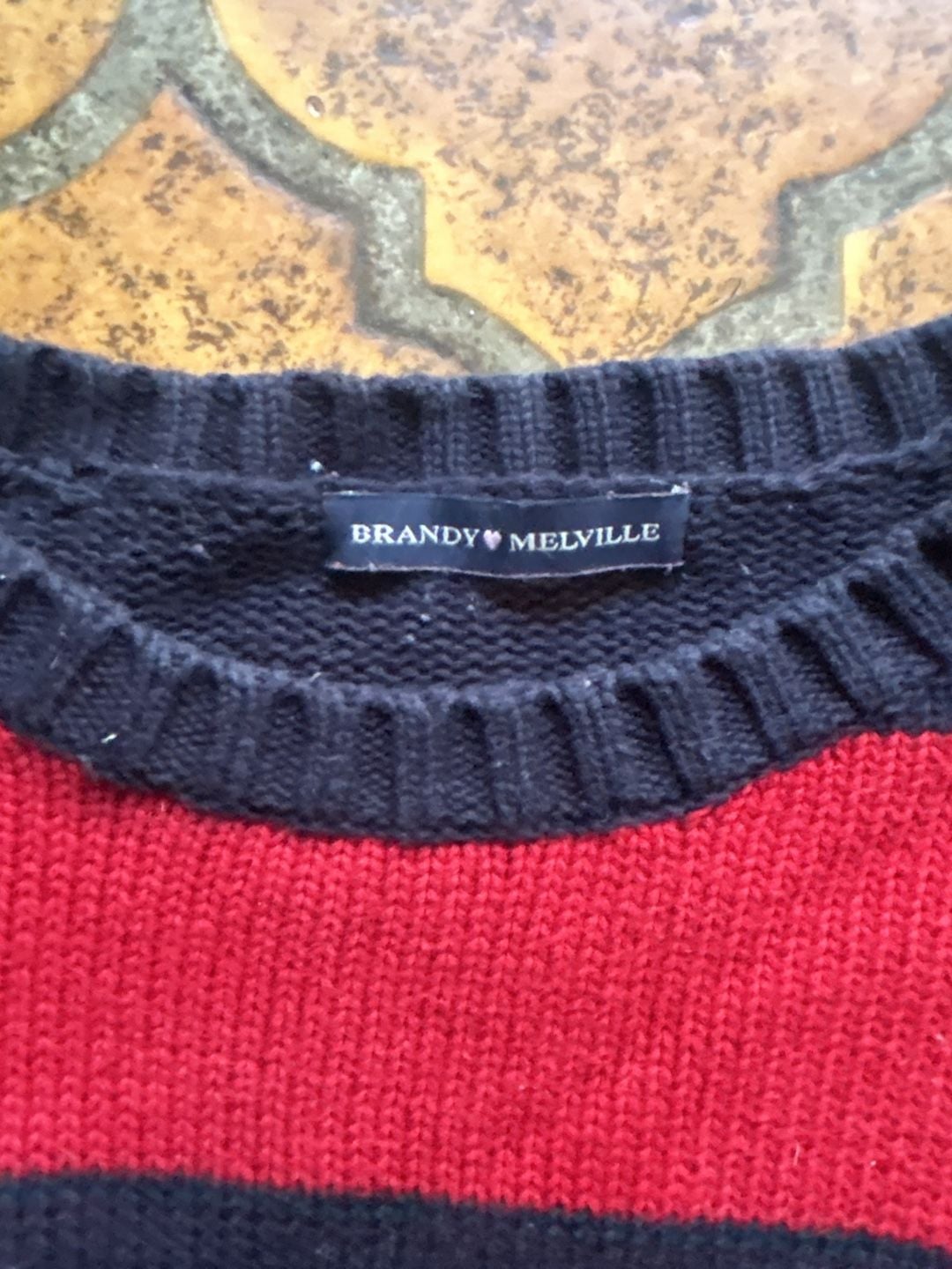 Brandy Melville Red and Navy Blue Striped Brianna Crew Neck Sweater 2