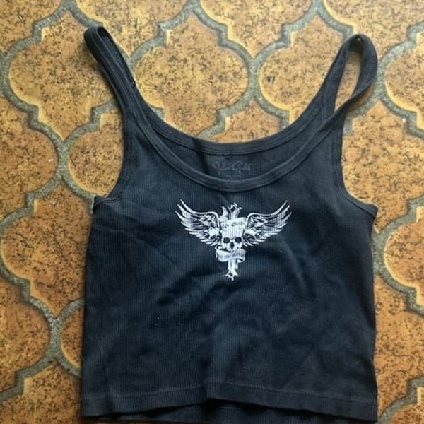 John Galt Brandy Melville Ribbed Tank Top with Skull Wing Graphic