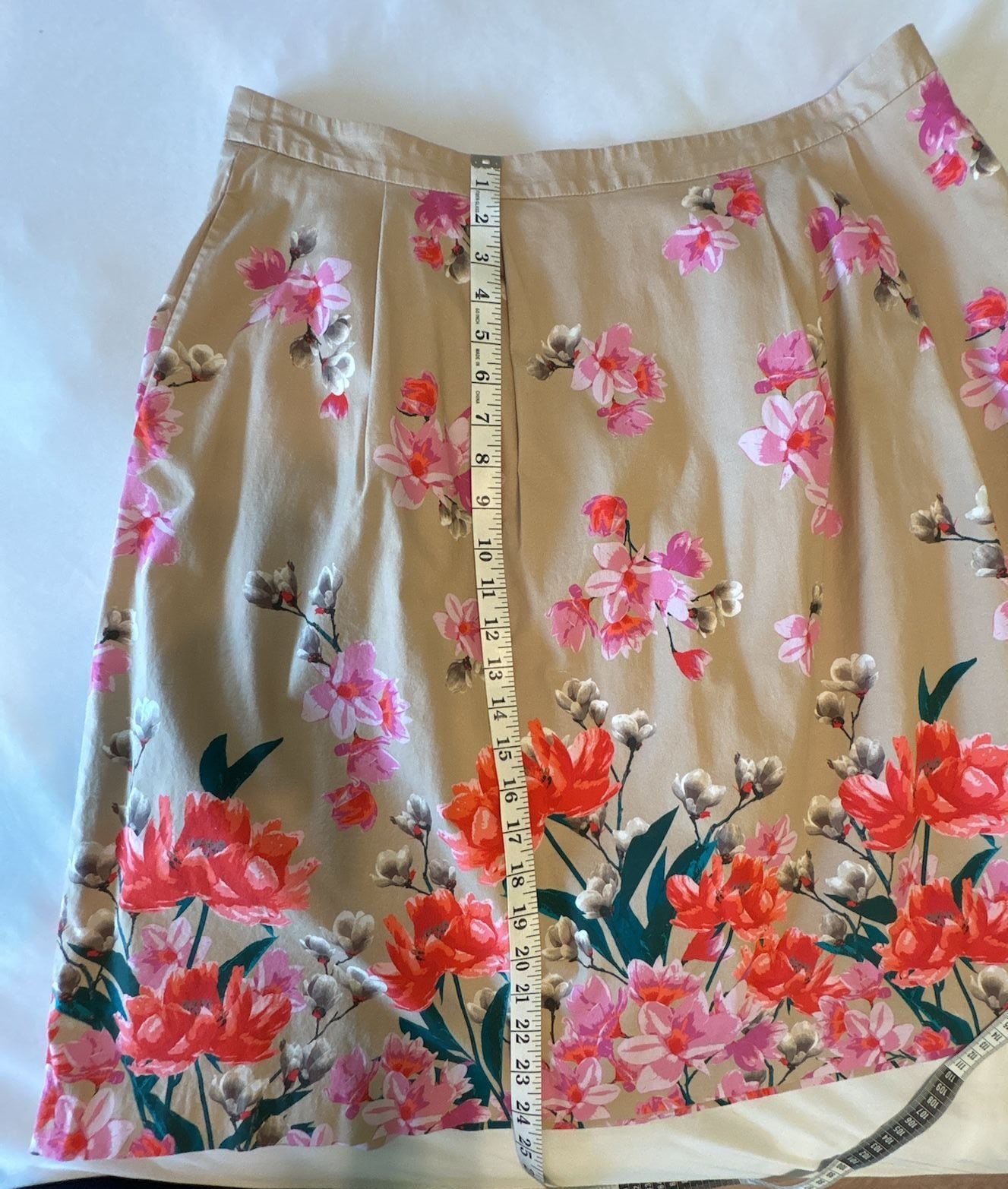 EUC Lands' End Tan Floral Print Pleated Midi Skirt with Pockets, 14 petite 9