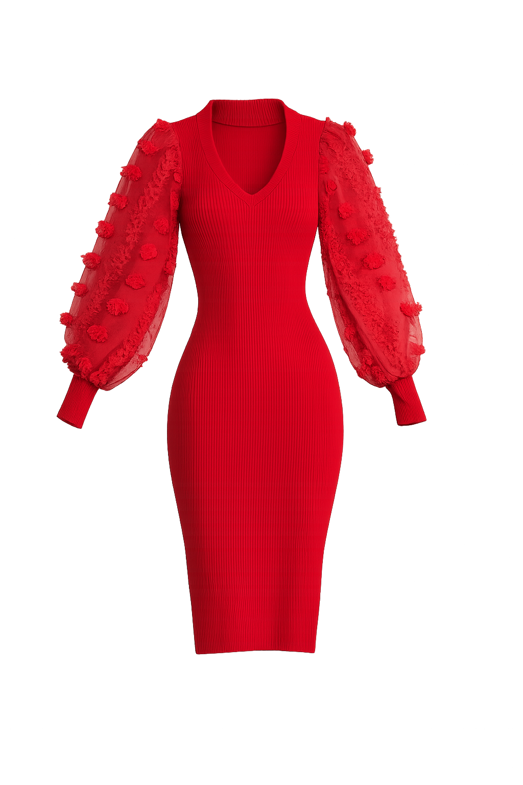 Almost Famous Red Organza Puff Sleeve Ribbed Sweater Midi Dress 2
