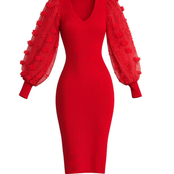 Almost Famous Red Organza Puff Sleeve Ribbed Sweater Midi Dress