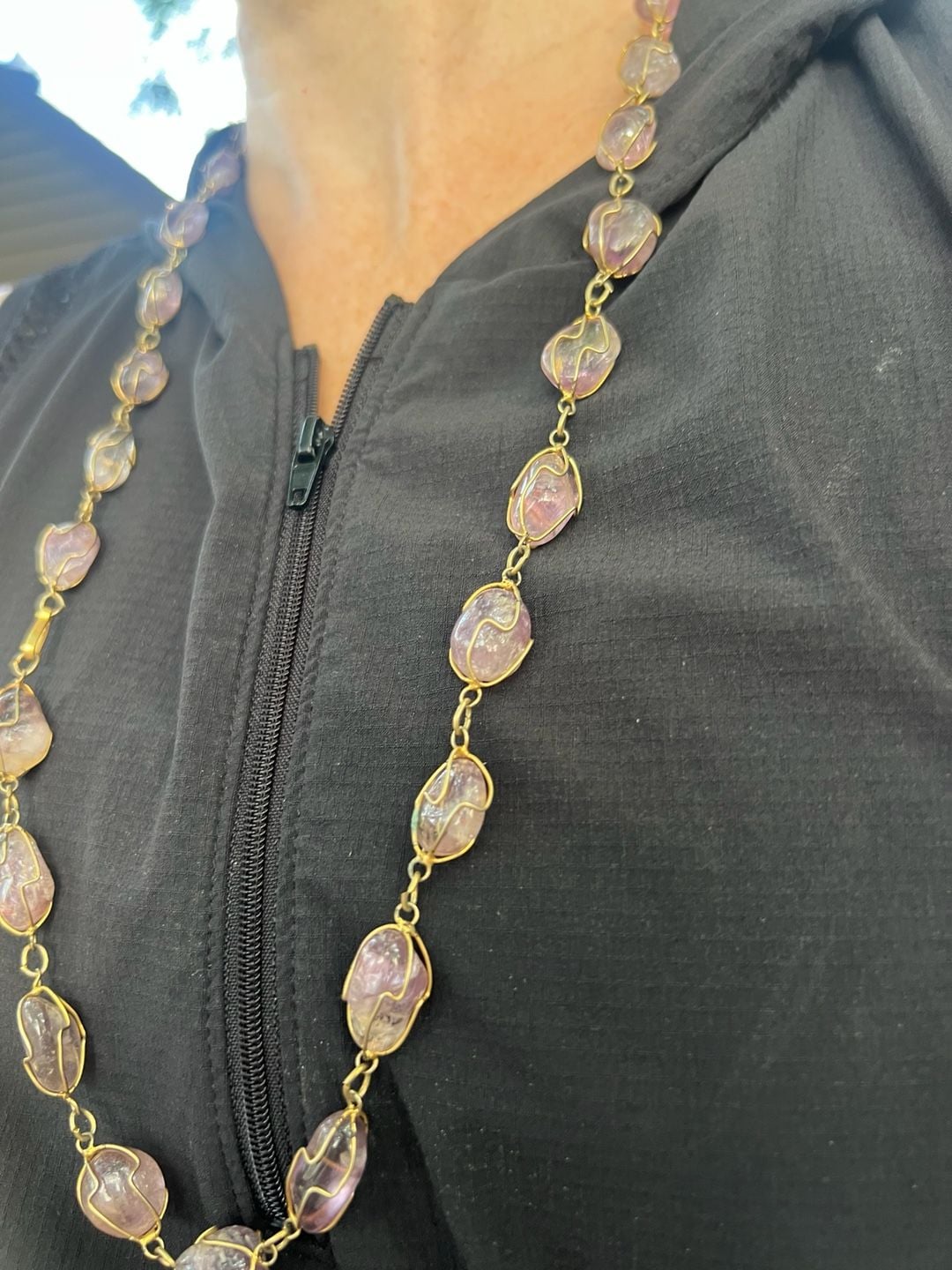 Vintage Amethyst Tumbled Stone Wire Cage Gold-Tone Long Necklace 2