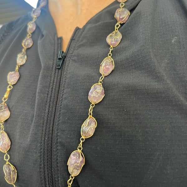 Vintage Amethyst Tumbled Stone Wire Cage Gold-Tone Long Necklace