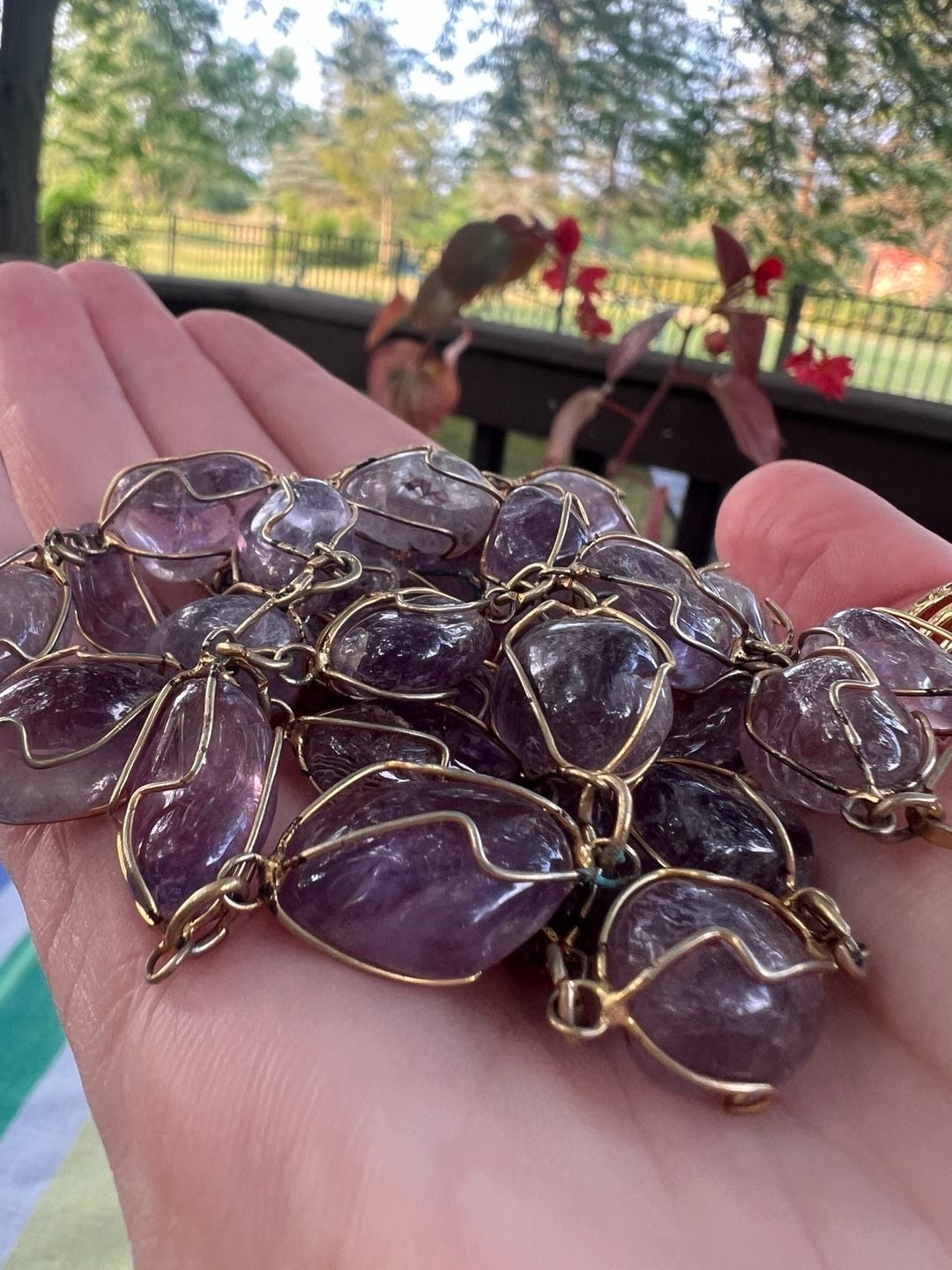 Vintage Amethyst Tumbled Stone Wire Cage Gold-Tone Long Necklace 3