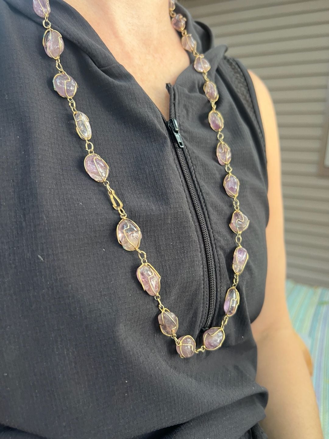 Vintage Amethyst Tumbled Stone Wire Cage Gold-Tone Long Necklace 4