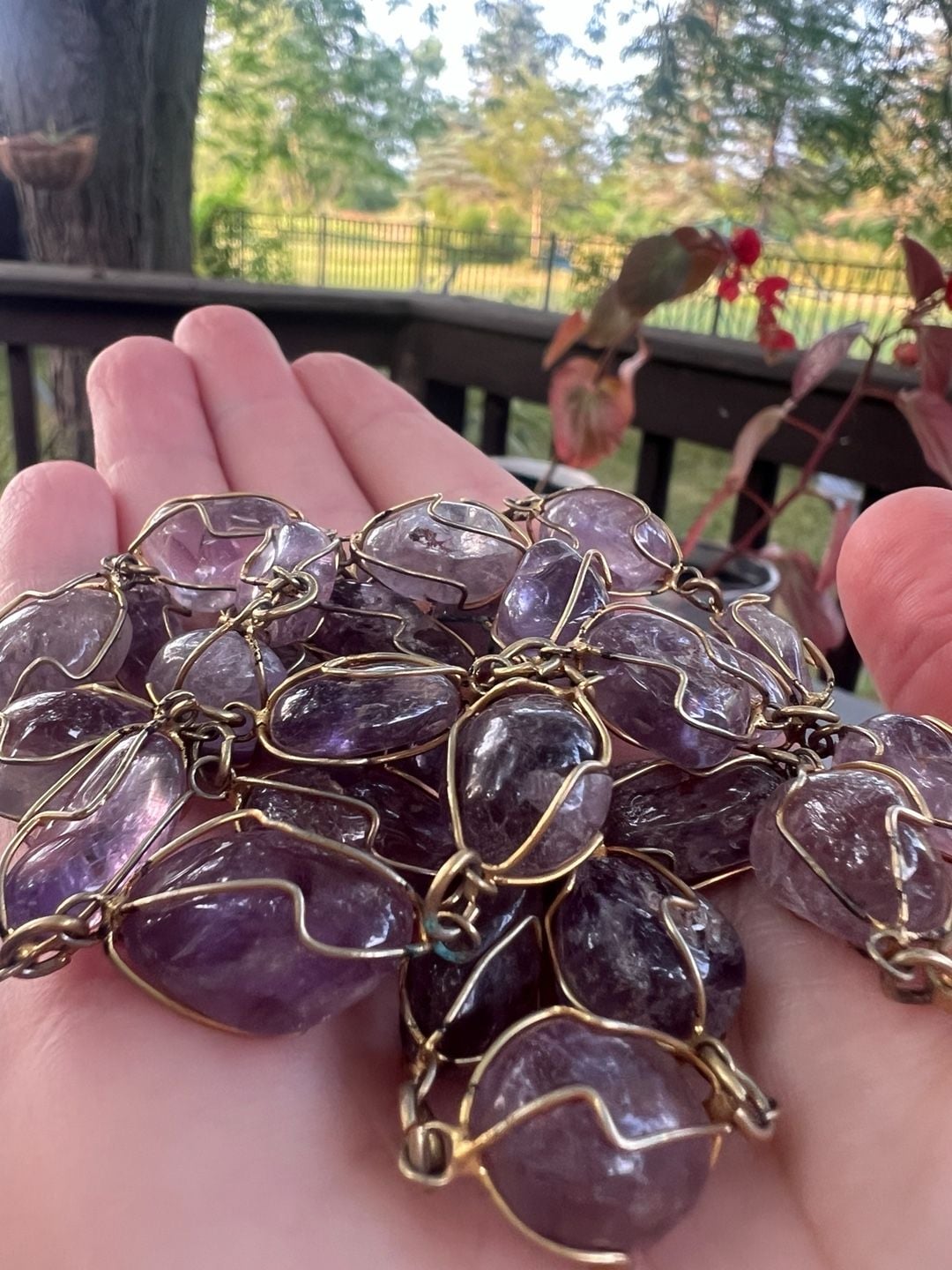 Vintage Amethyst Tumbled Stone Wire Cage Gold-Tone Long Necklace 5