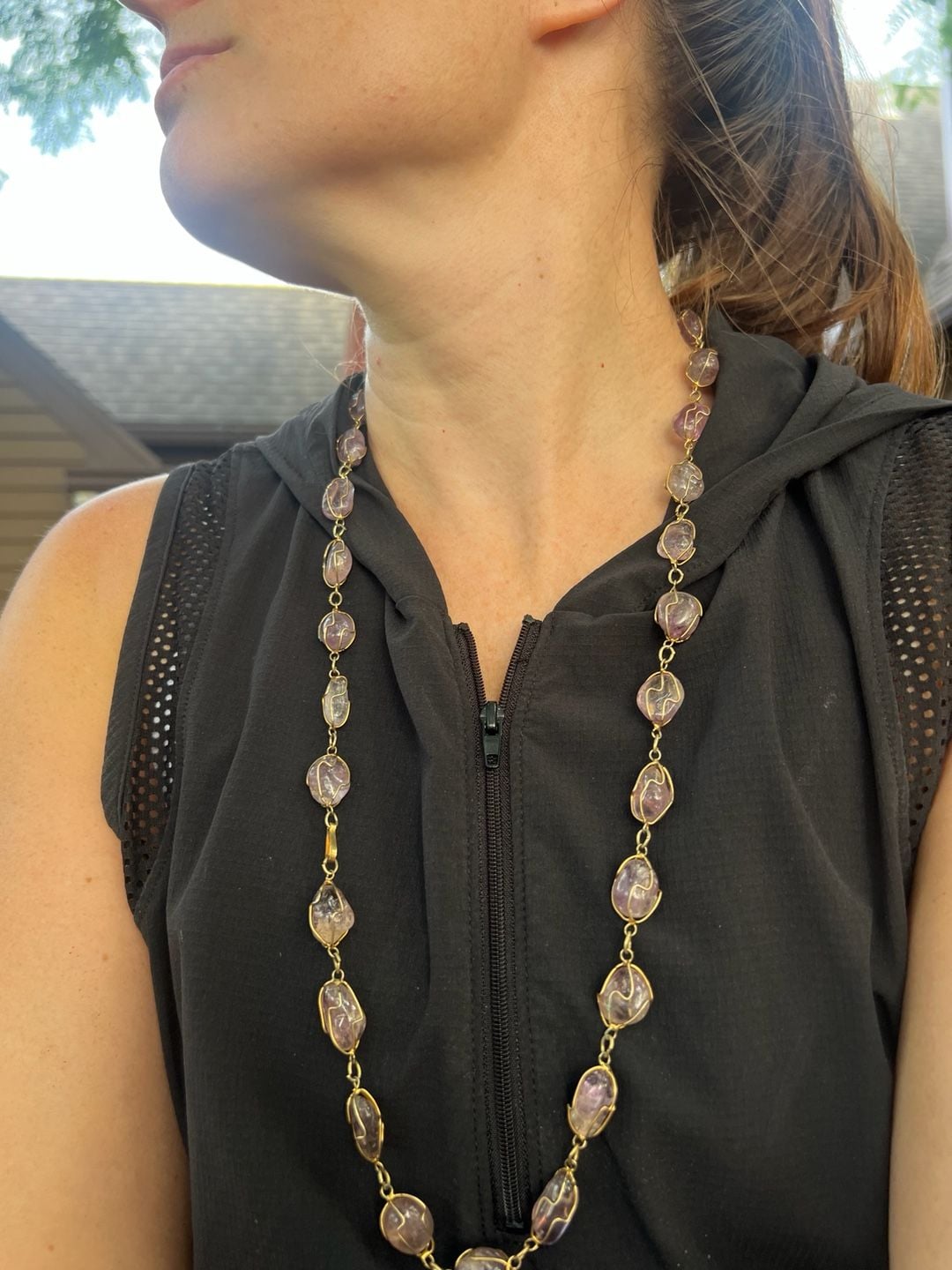 Vintage Amethyst Tumbled Stone Wire Cage Gold-Tone Long Necklace 7