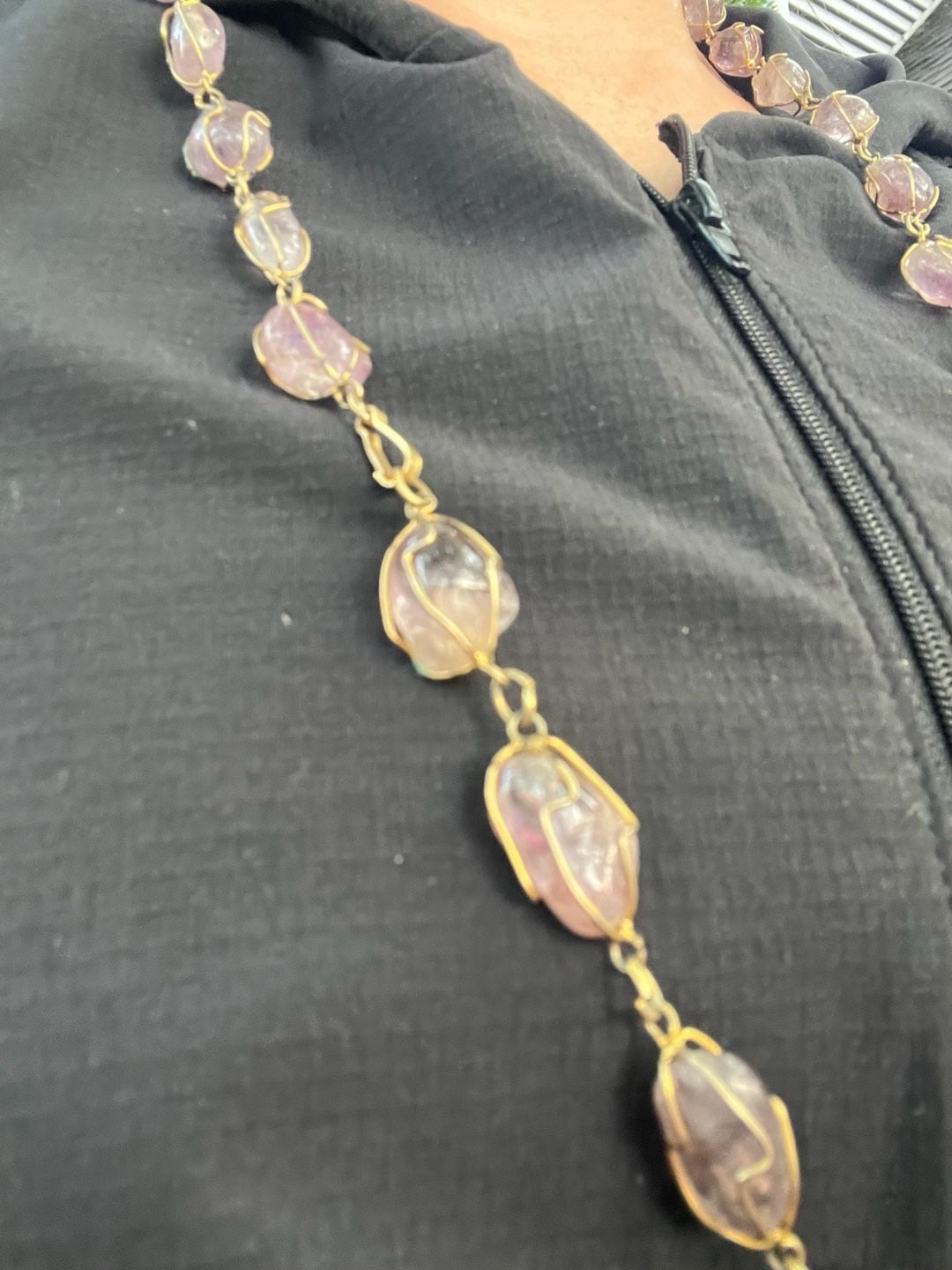 Vintage Amethyst Tumbled Stone Wire Cage Gold-Tone Long Necklace 8