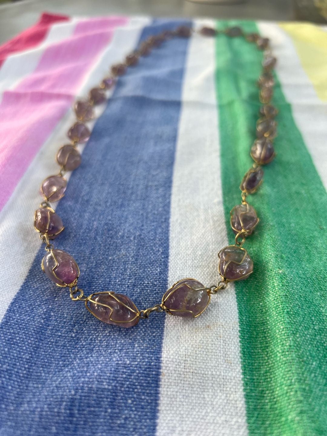 Vintage Amethyst Tumbled Stone Wire Cage Gold-Tone Long Necklace 9