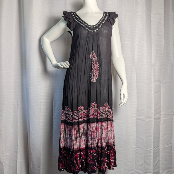 Fashion Force Black Boho Midi Dress with Embroidery and Batik Trim