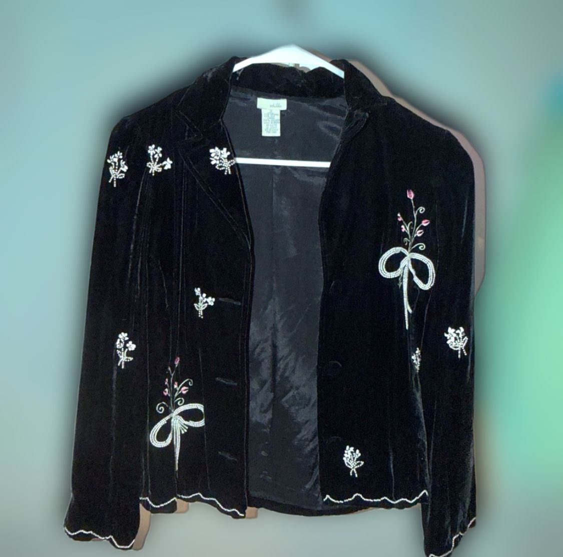 Anthropologie Odille Vintage Black Velvet Beaded Floral Bow Blazer Jacket 2