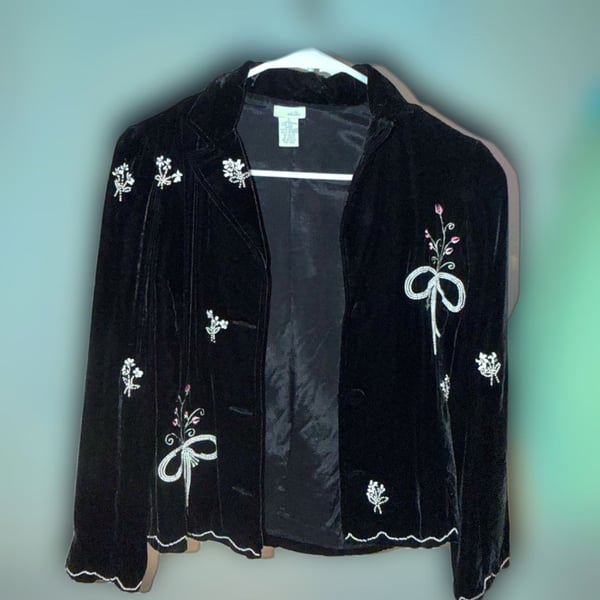 Anthropologie Odille Vintage Black Velvet Beaded Floral Bow Blazer Jacket