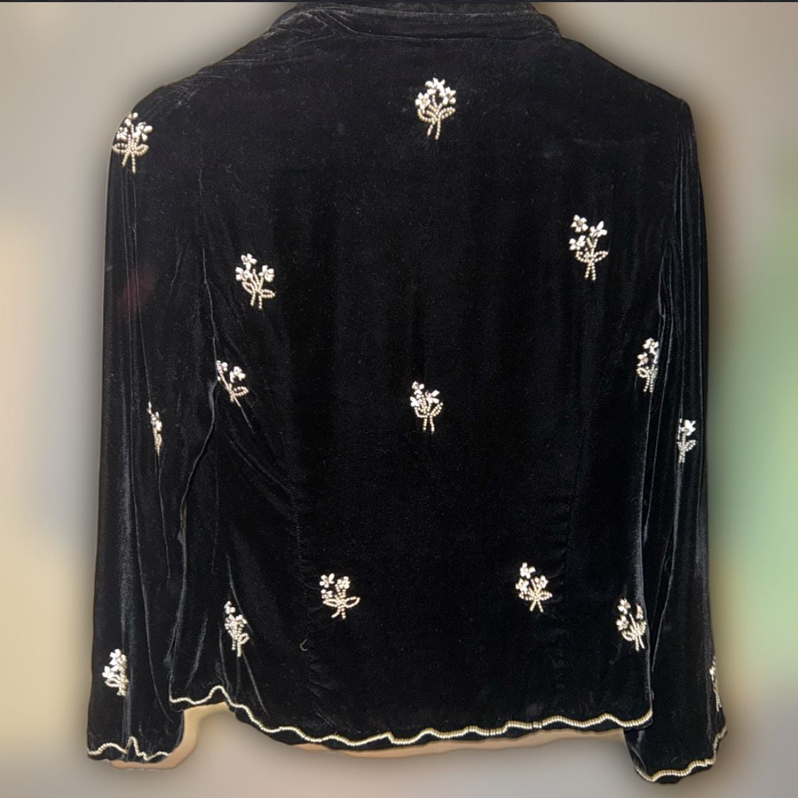 Anthropologie Odille Vintage Black Velvet Beaded Floral Bow Blazer Jacket 4