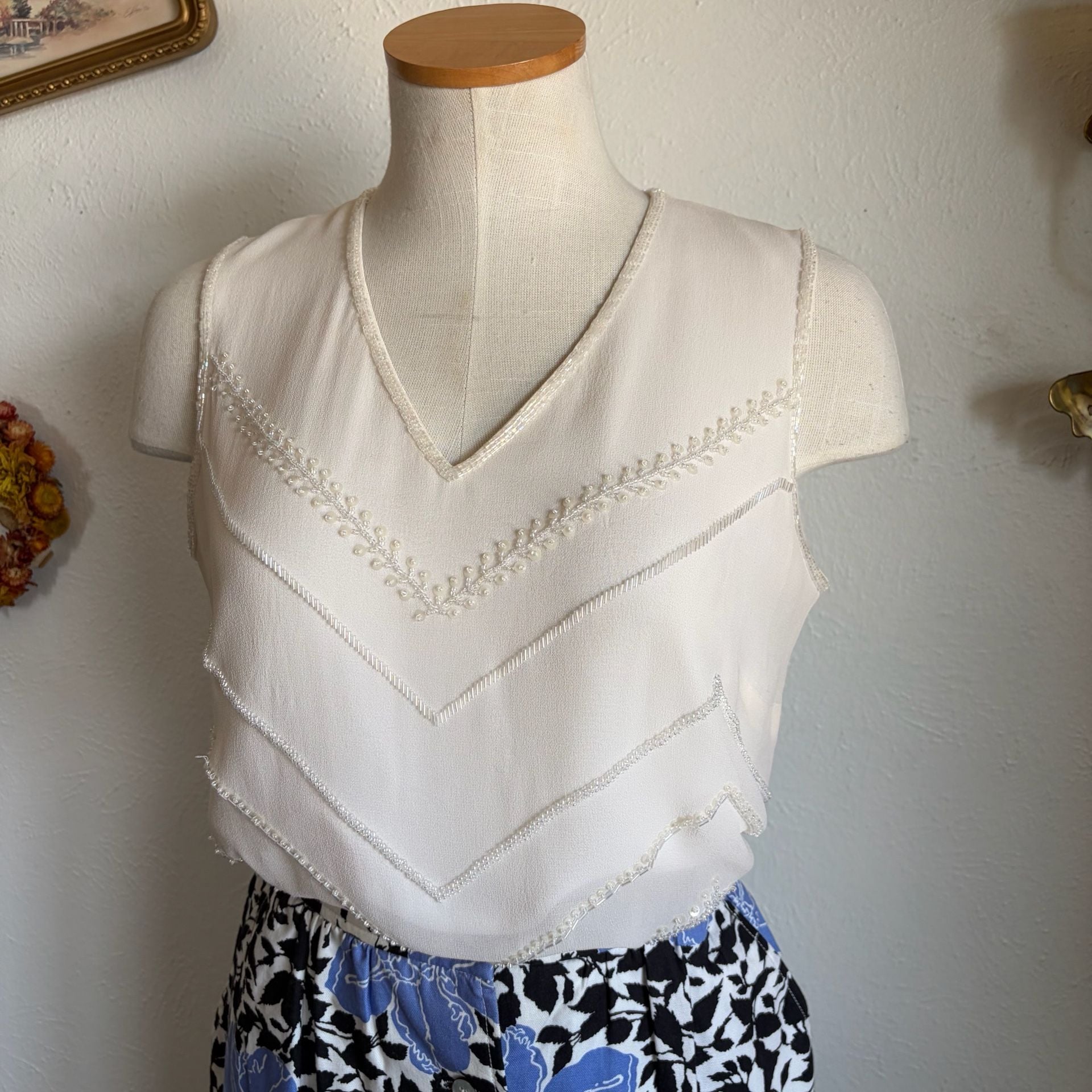 Vintage Sleeveless Silk Beaded Tank S 2
