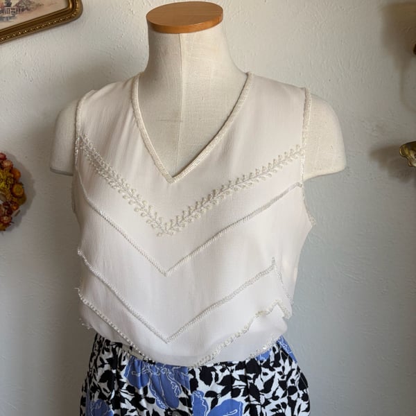Vintage Sleeveless Silk Beaded Tank S