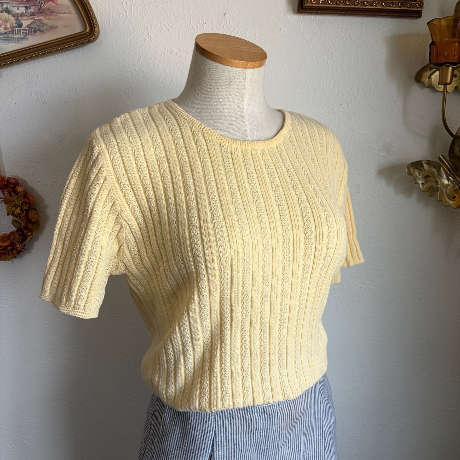 Vintage 100% Cotton Ribbed Short-Sleeve Knit Sweater Top S 2