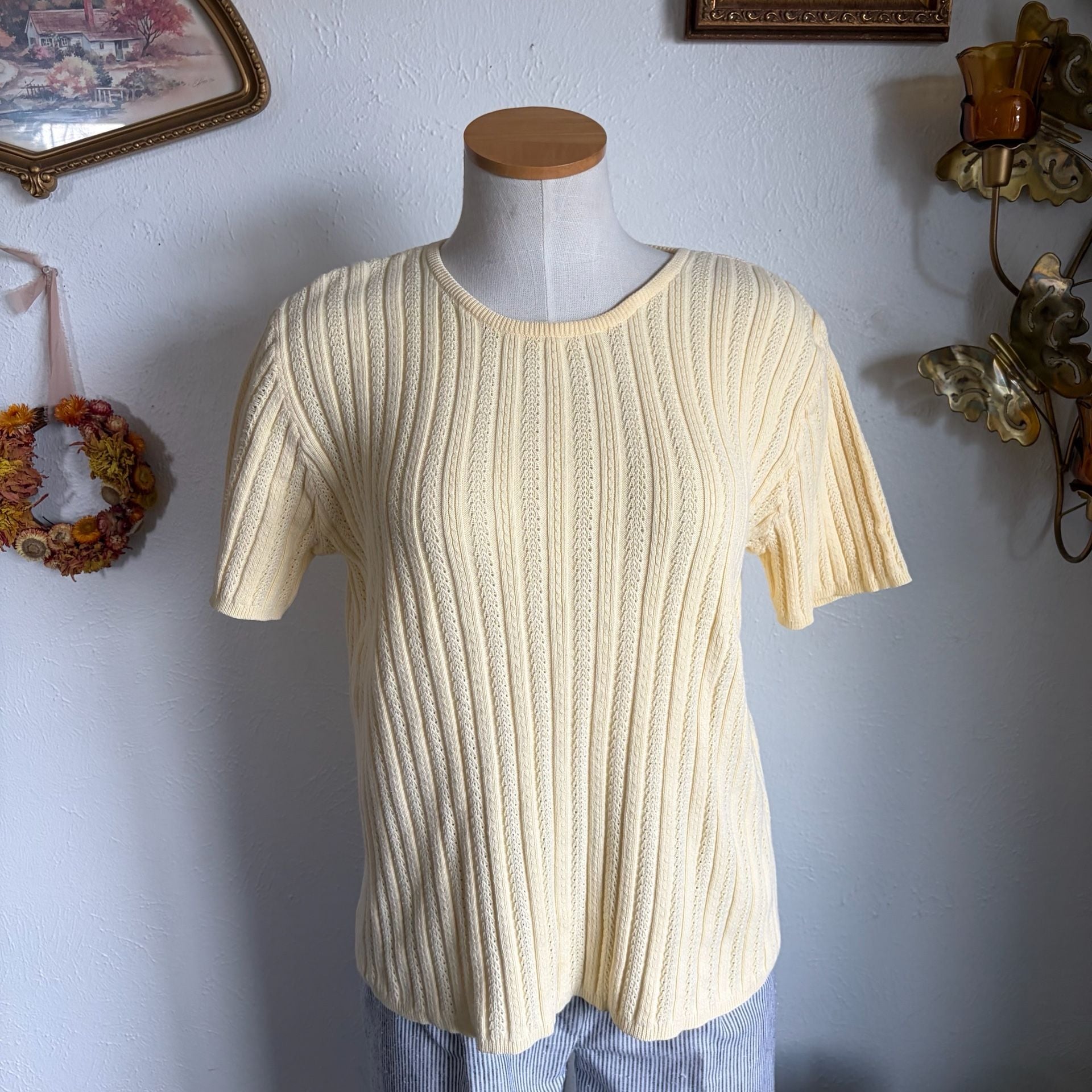 Vintage 100% Cotton Ribbed Short-Sleeve Knit Sweater Top S 3