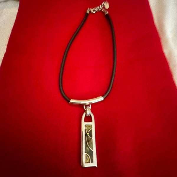Chico's Black Leather Cord Necklace with Modern Mosaic Pendant
