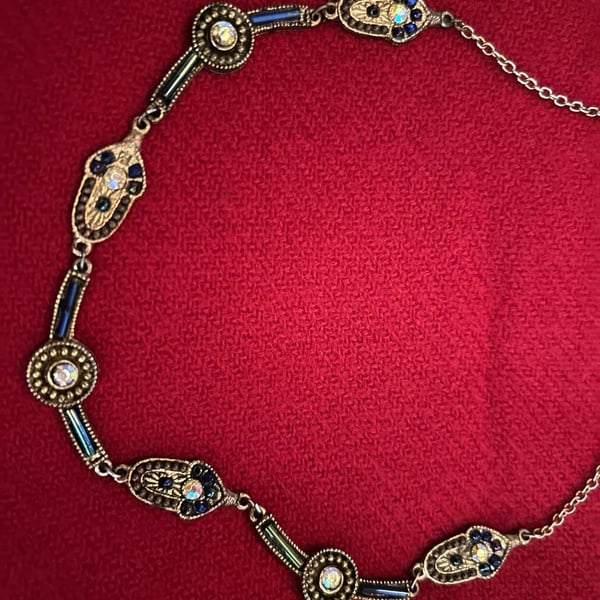 Chico's Gold-Tone Statement Necklace with Blue Beading and Rhinestone Accents