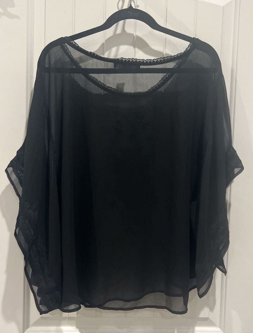 Nine West Jeans Women's Black Sheer Embroidered Cape Style Blouse Plus Size 1X 9