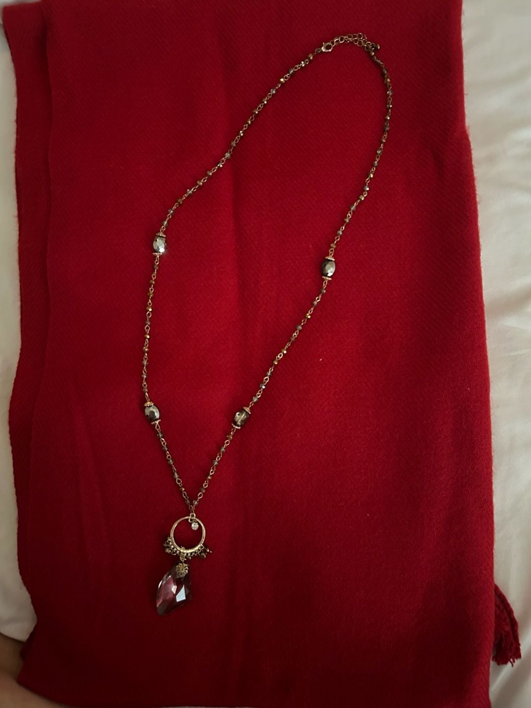 Gold-Tone Beaded Statement Necklace with Faceted Purple Crystal Drop Pendant 2