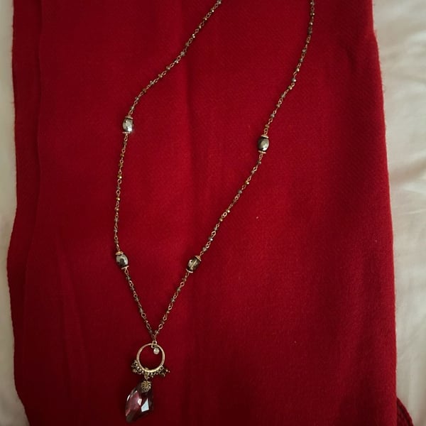 Gold-Tone Beaded Statement Necklace with Faceted Purple Crystal Drop Pendant