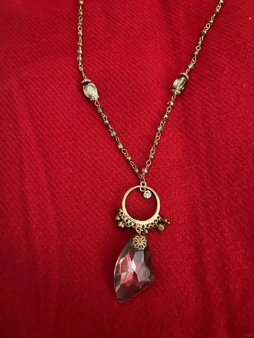Gold-Tone Beaded Statement Necklace with Faceted Purple Crystal Drop Pendant 3