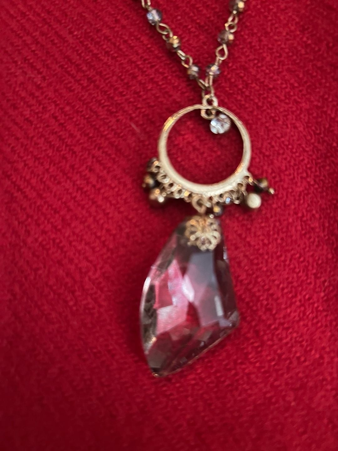 Gold-Tone Beaded Statement Necklace with Faceted Purple Crystal Drop Pendant 4