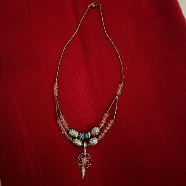 Vintage Southwest Style Liquid Silver Dream Catcher Pendant Necklace with Pink Bead and Feather