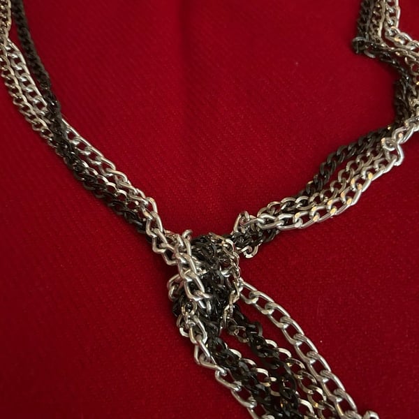 Two-Tone Silver and Black Multi-Chain Knotted Sautoir Necklace